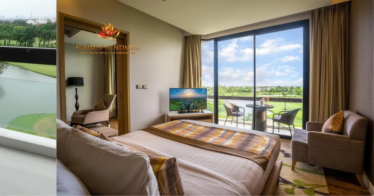 A suite bedroom with a balcony over the fairways